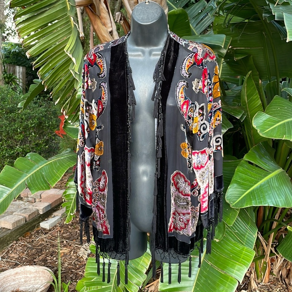 Burnout velvet jacket or duster with beaded tassel fringe